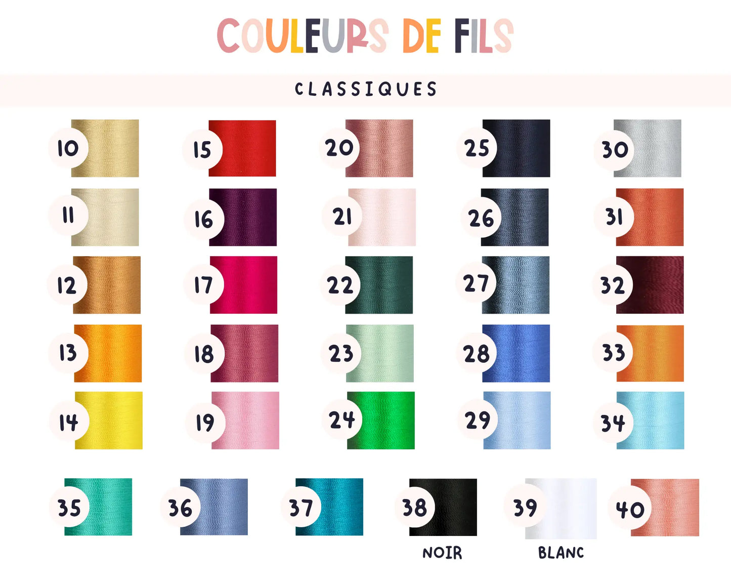 Couleurs de fils de broderie classiques