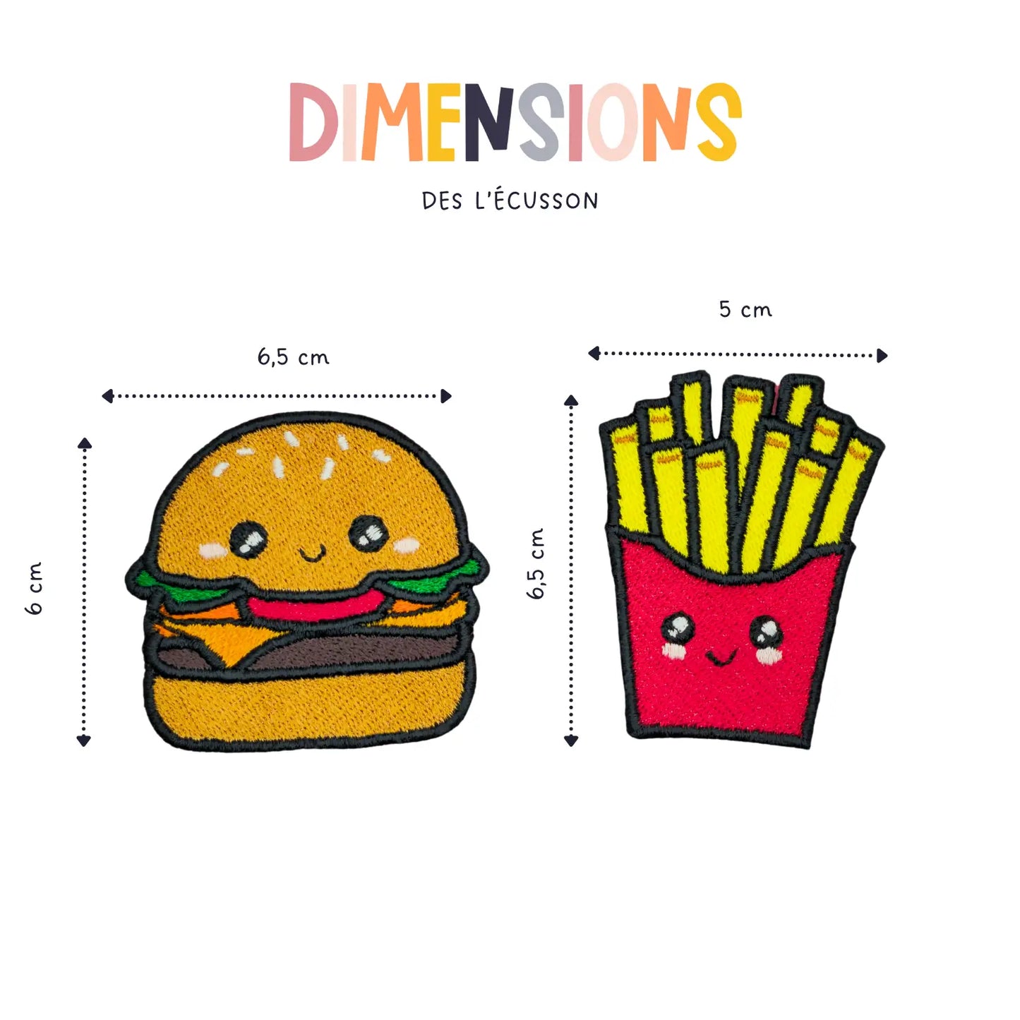 Dimension des patchs thermocollant brodé en forme de frites et burger de fast-food kawaii
