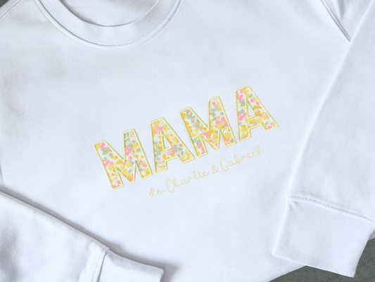 Sweat brodé mama avec prénoms des enfants jaune