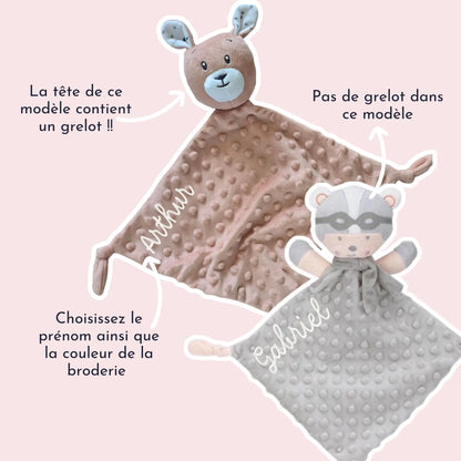 Doudou ourson aviateur et doudou kangourou personnalisés prénom, cadeau de naissance