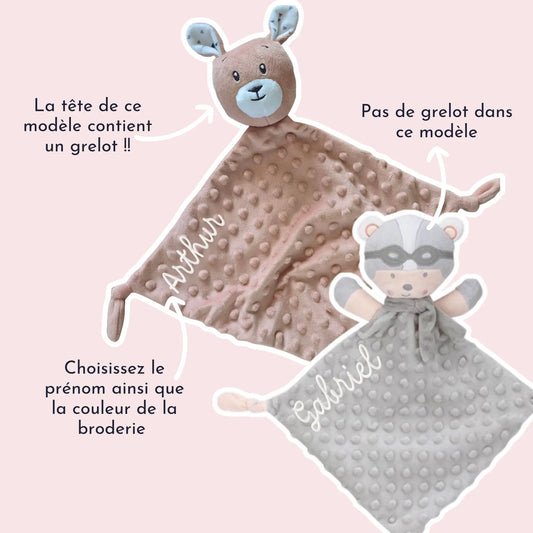 Doudou ourson aviateur et doudou kangourou personnalisés prénom, cadeau de naissance