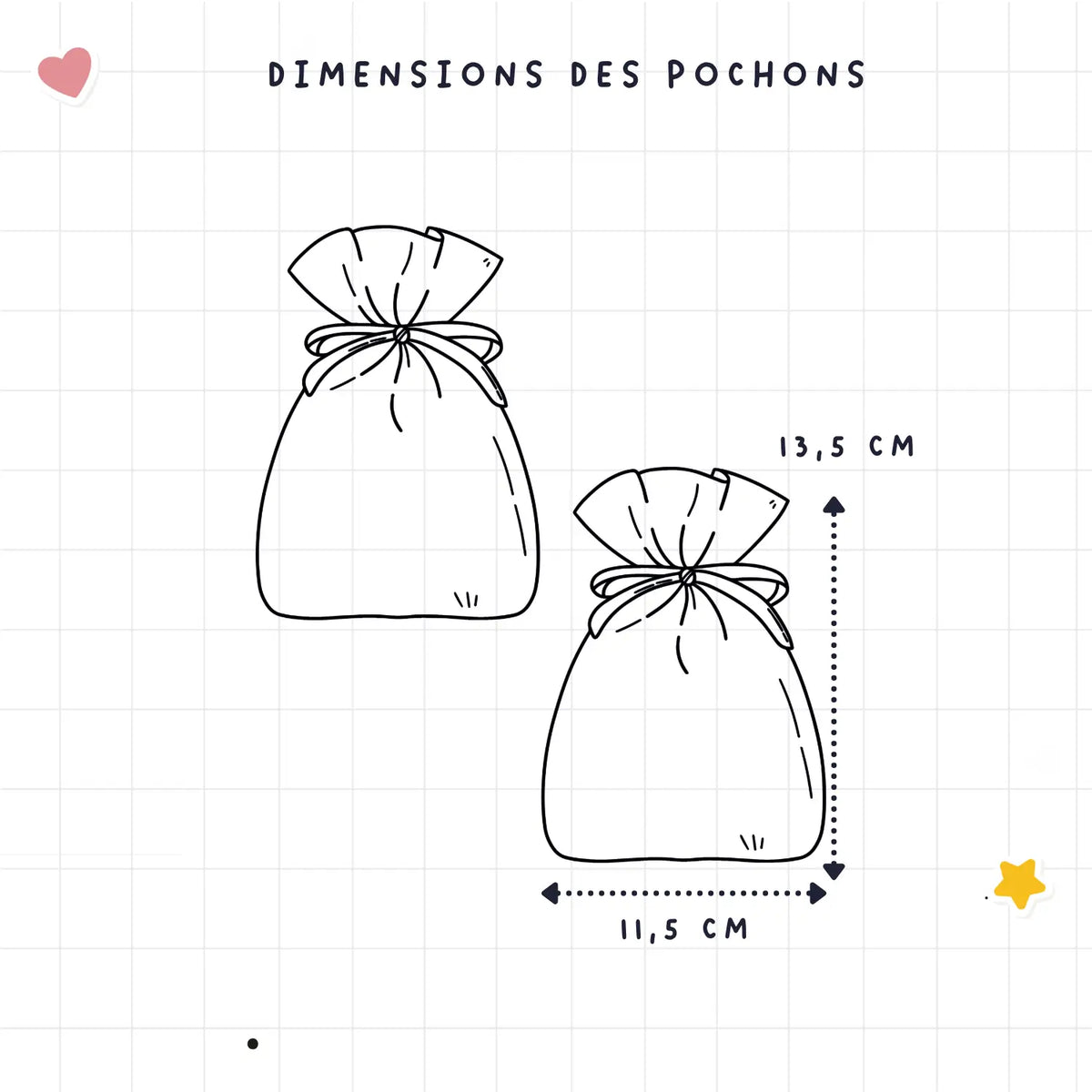 Dimensions d’un pochon : 11,5 x 13,5 cm