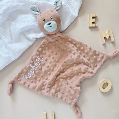 Doudou kangourou beige personnalisé, brodé au prénom Raphaël