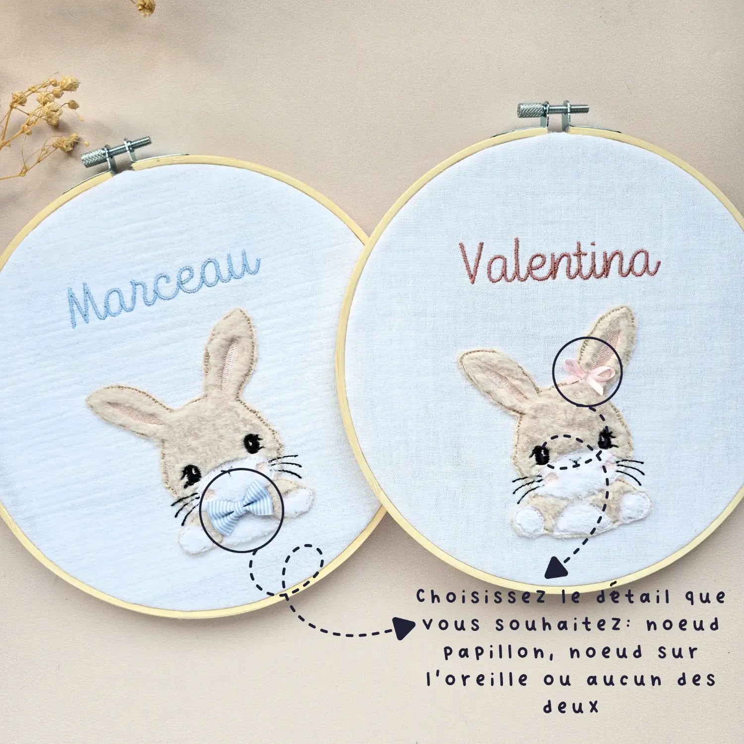 Tambourin brodé Prénom personnalisé lapin