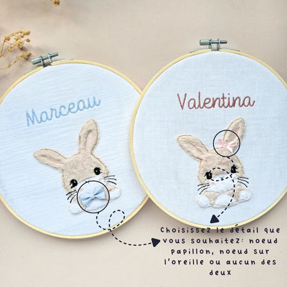 Tambourin brodé Prénom personnalisé lapin
