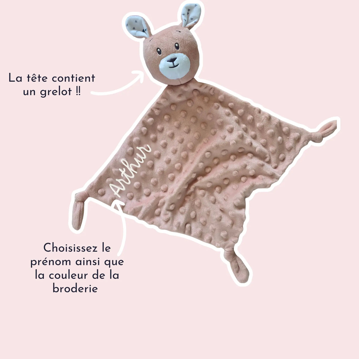 Caractéristiques du doudou kangourou personnalisé avec grelot